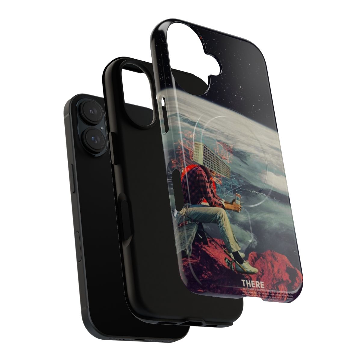 Vintage-inspired magnetic tough phone case featuring a surreal collage design with retro architecture and space elements. - Layers