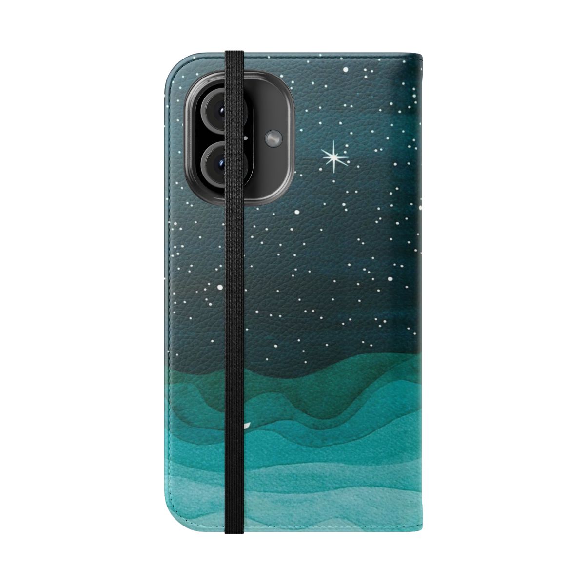 A teal sailboat floating on a watercolor ocean with a starry night sky in the background, printed on a phone case cover. - Folded Front