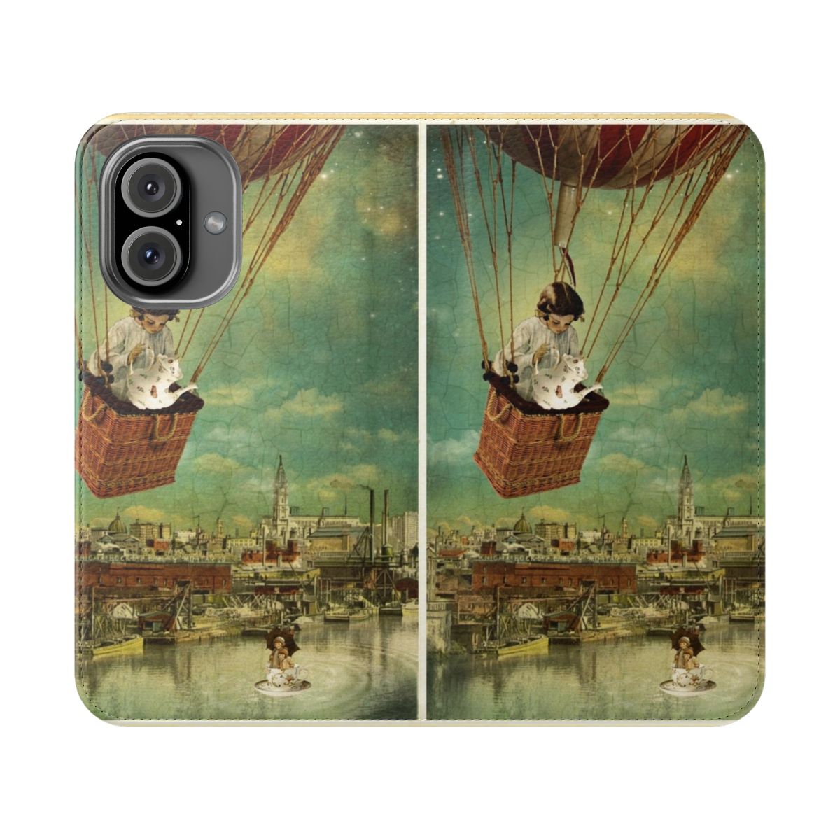 Whimsical phone case cover featuring a fairytale-inspired tea party scene with a girl, balloons, and a surreal, dreamlike atmosphere.