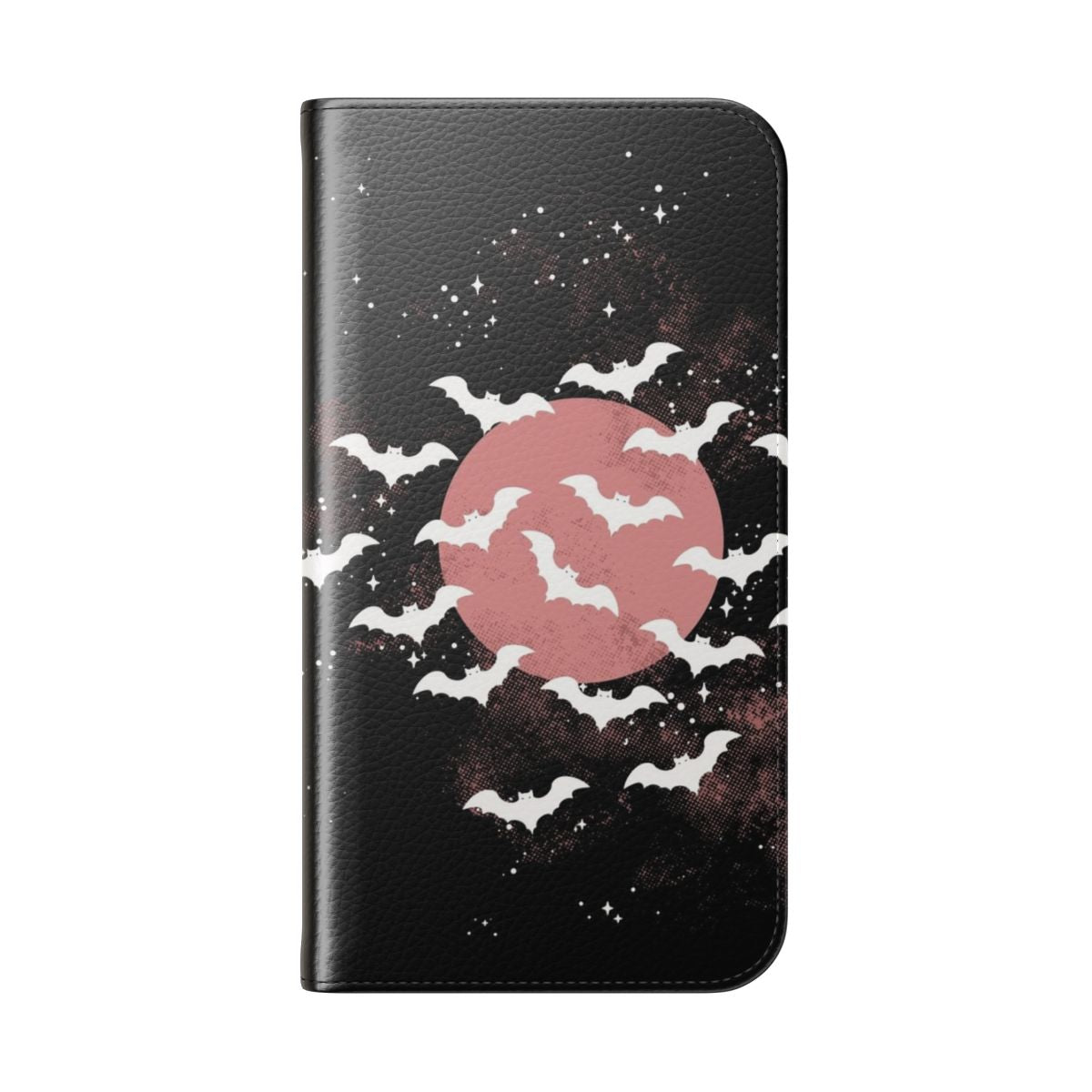 Flip cover phone case with a gothic bat design against a night sky - Folded Back