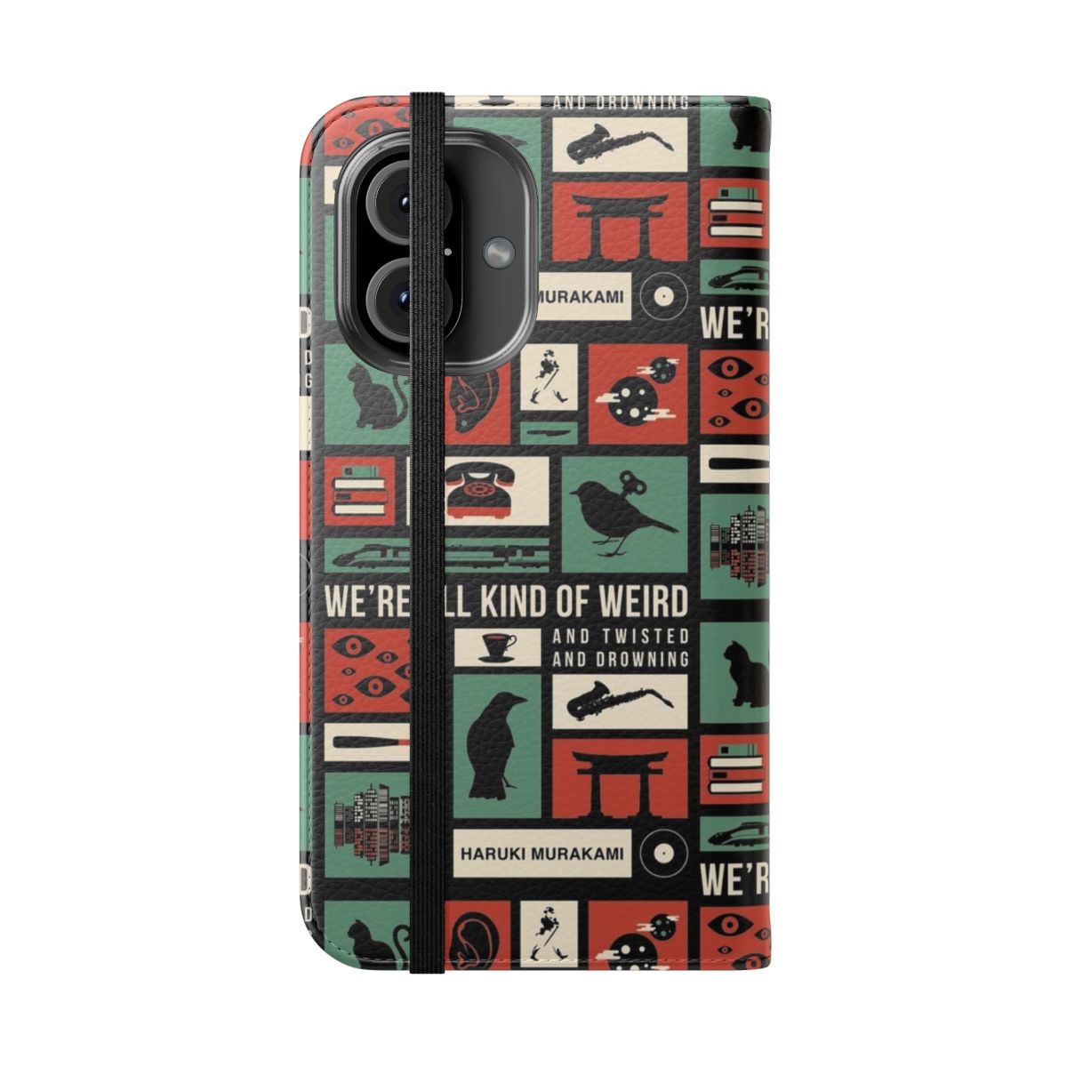 A sleek and stylish flip cover phone case featuring the iconic motifs and themes from the works of renowned Japanese author Haruki Murakami. - Folded Front