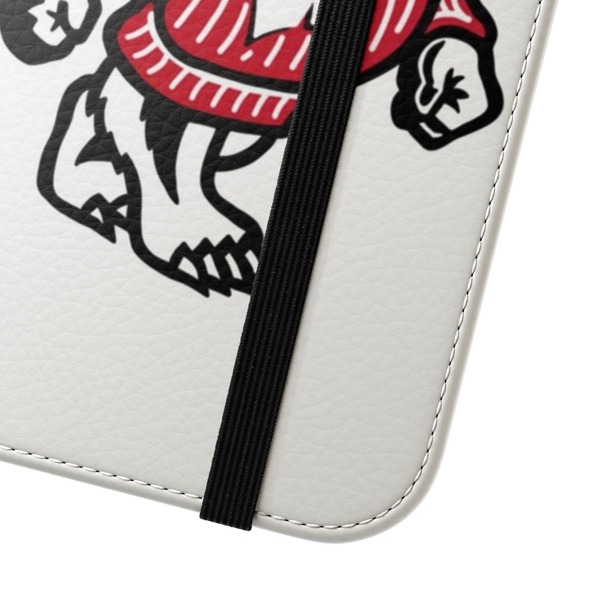 Red and white Bucky Badger logo on a flip phone case - Close Up