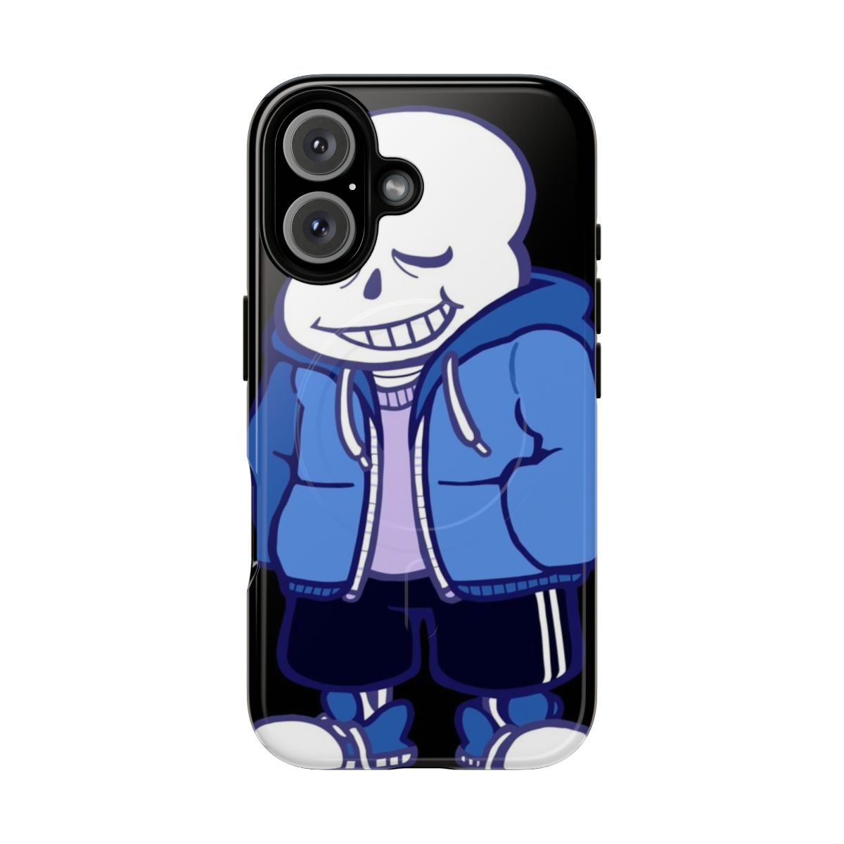 Skeleton-themed phone case with pixel art design, inspired by the video game Undertale