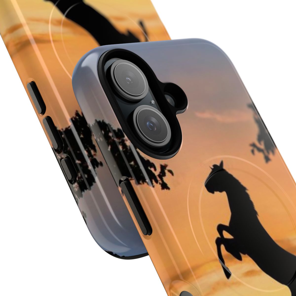 Sunset landscape with silhouetted horses on a magnetic protective phone case - Detail