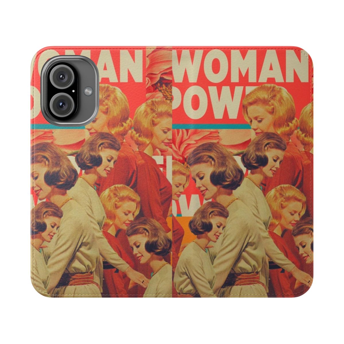 Vintage collage-style phone case in vibrant colors with a retro art design, featuring a woman's portrait.