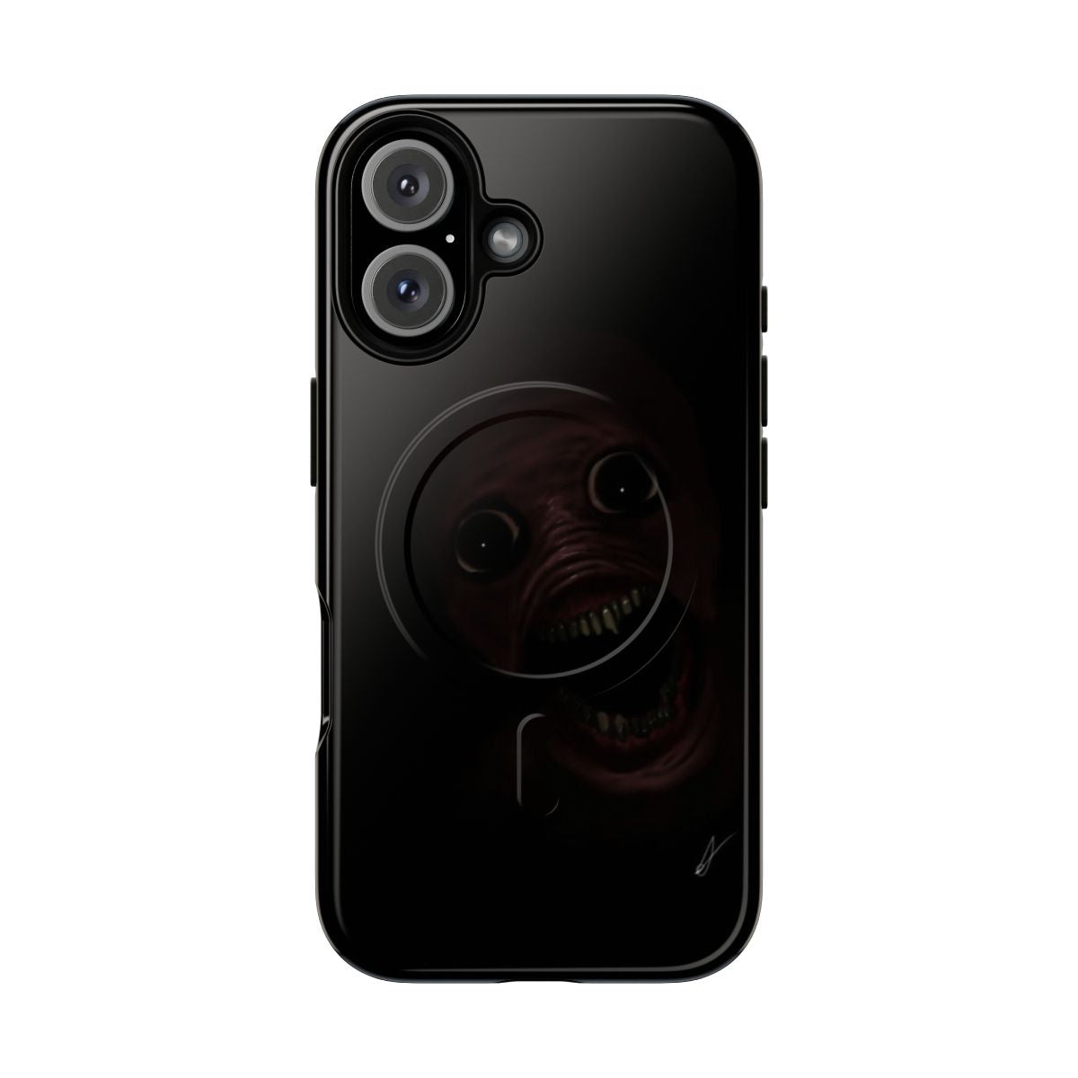 Haunting digital illustration of a distorted, ghostly face on a magnetic phone case