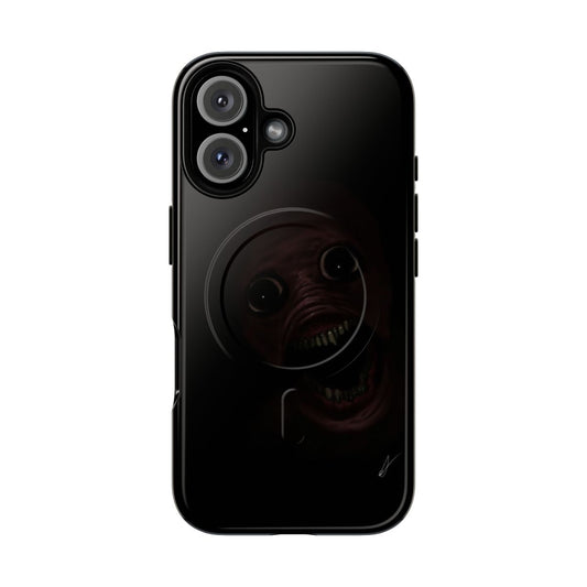 Haunting digital illustration of a distorted, ghostly face on a magnetic phone case