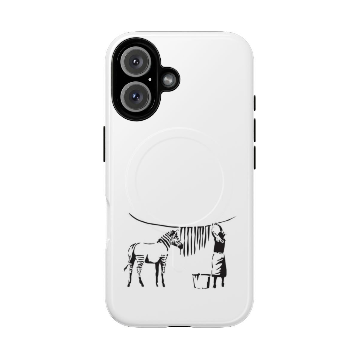 Phone case featuring Banksy-inspired graffiti art with zebra stripes and a cynical woman