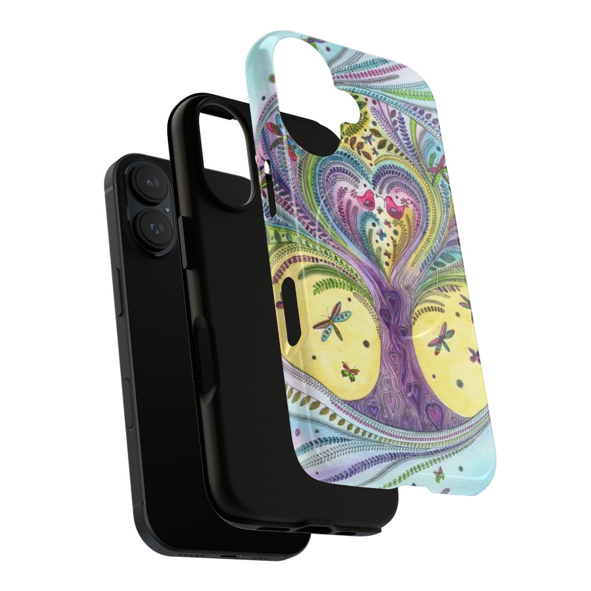 Boho watercolor tree of life design phone case with nature inspired imagery of birds, butterflies, and hearts - Layers