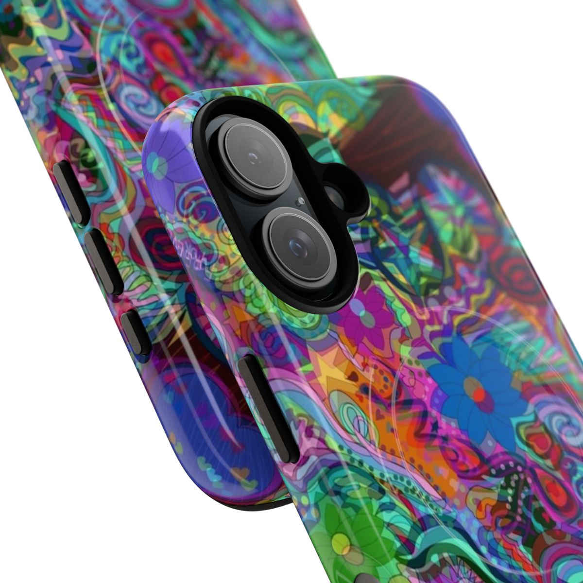 Trippy, psychedelic phone case with vibrant rainbow colors and abstract design - Detail