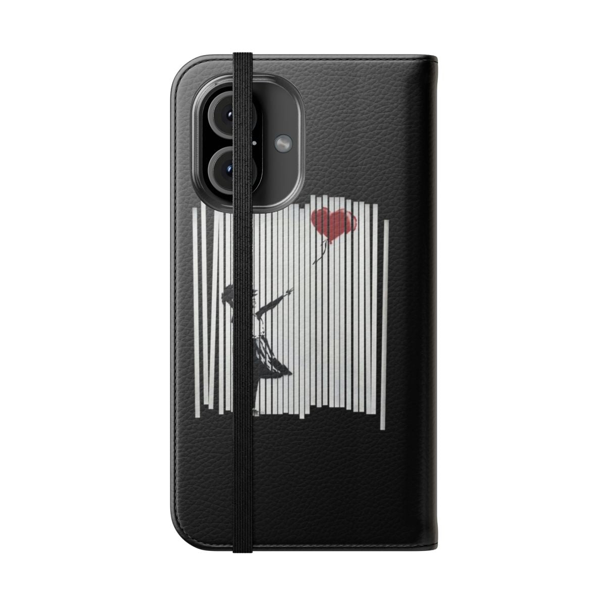 Image of a flip phone case featuring Banksy's shredded balloon girl artwork. - Folded Front