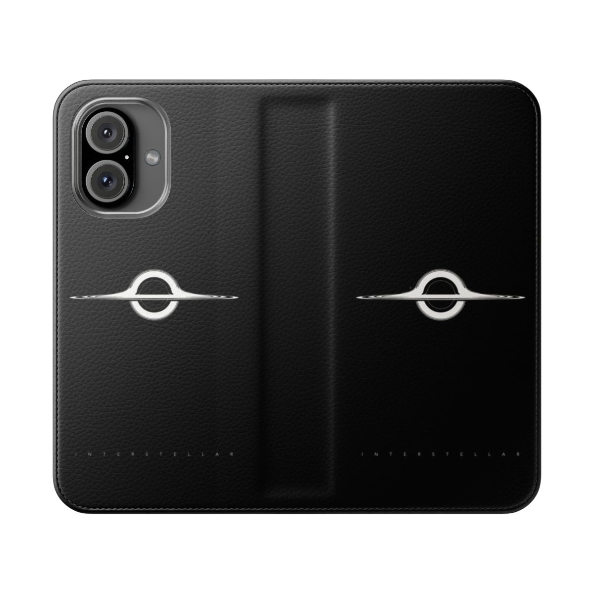 Black and white minimalist design featuring an interstellar wormhole pattern on a flip cover phone case.