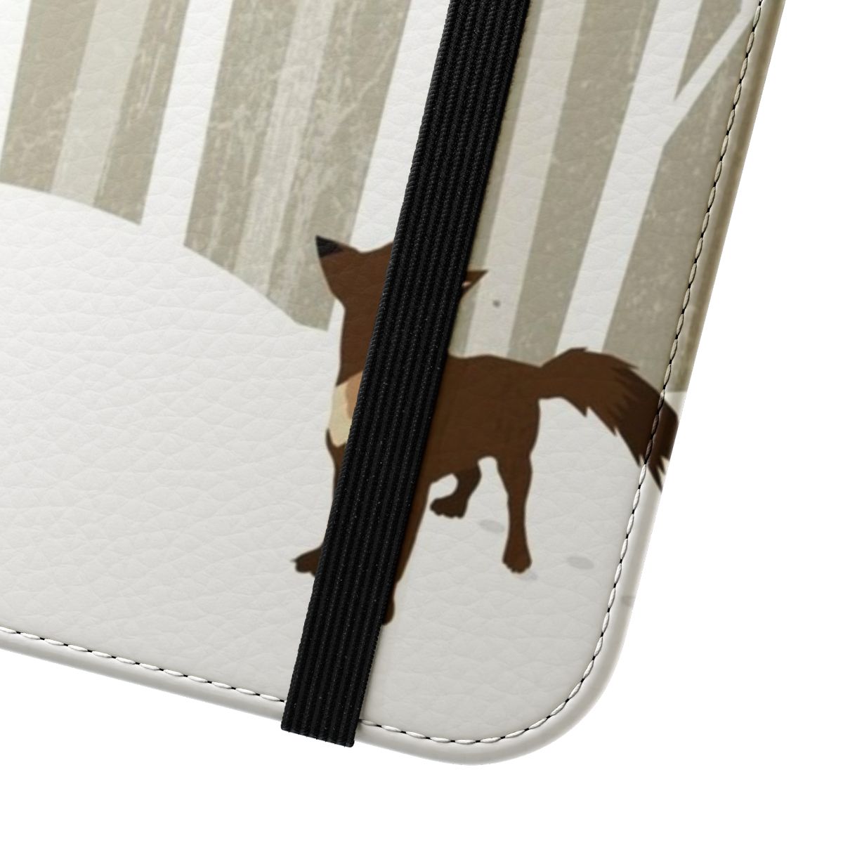 Flip cover phone case with a winter landscape design featuring a forest, snow, and a wolf. - Close Up