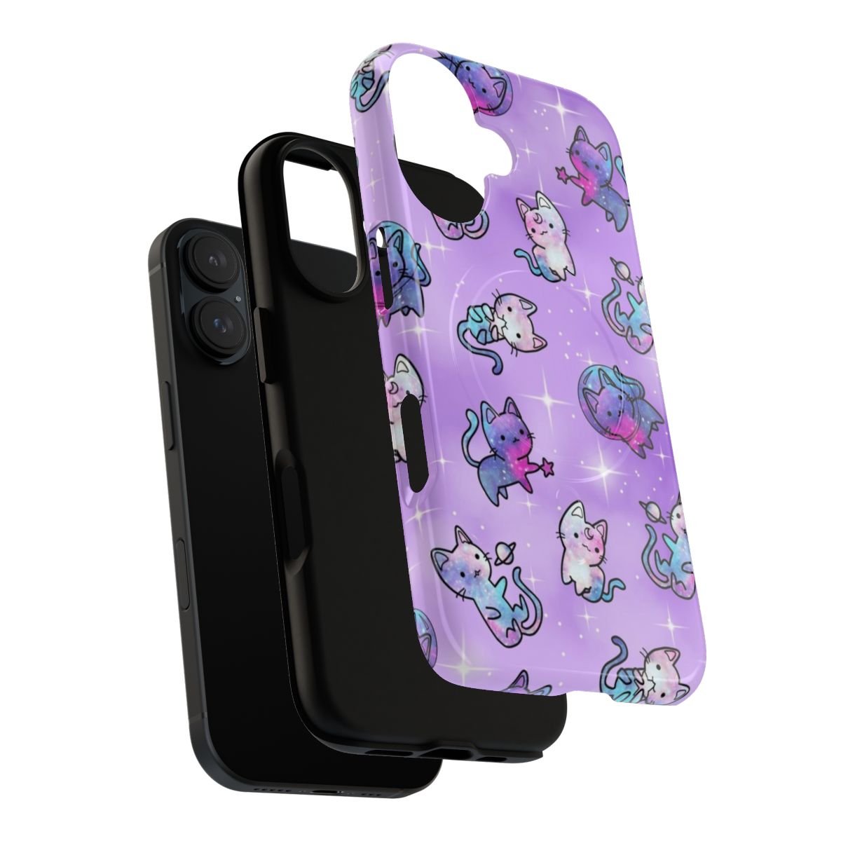 A phone case featuring a pastel, abstract design of a cat in a galaxy or nebula background. - Layers