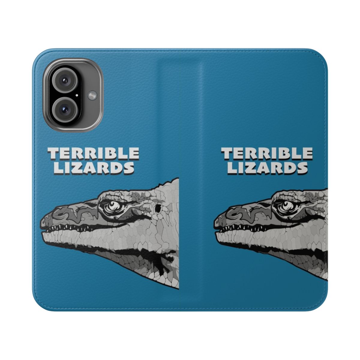 Flip cover phone case with a digital illustration of a dinosaur or other prehistoric animal.