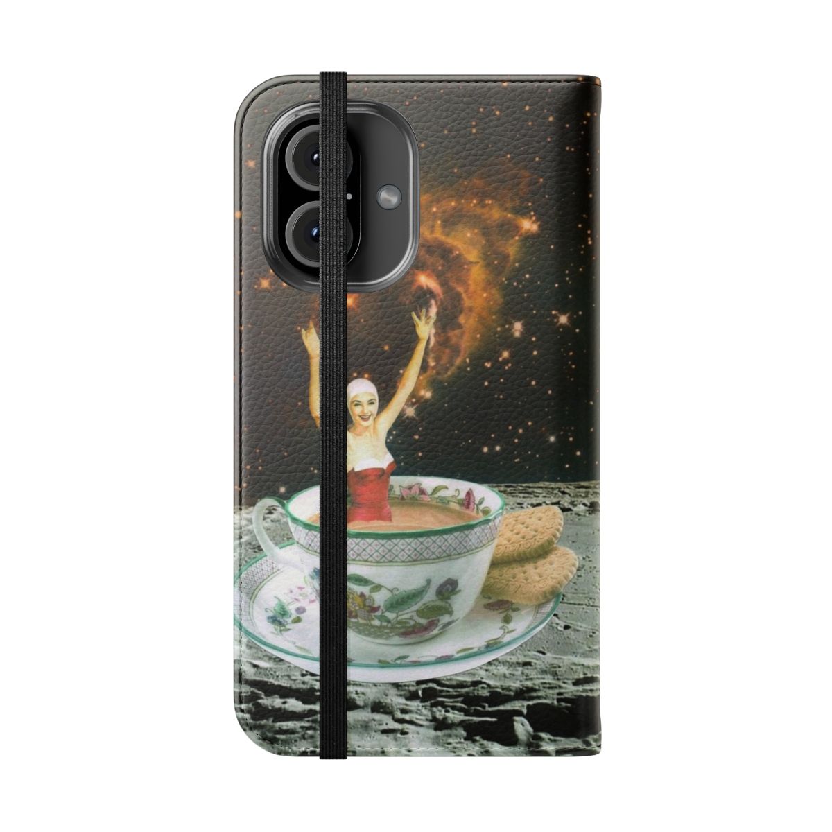 Vibrant collage art phone case featuring a galaxy, tea, and moon design - Folded Front