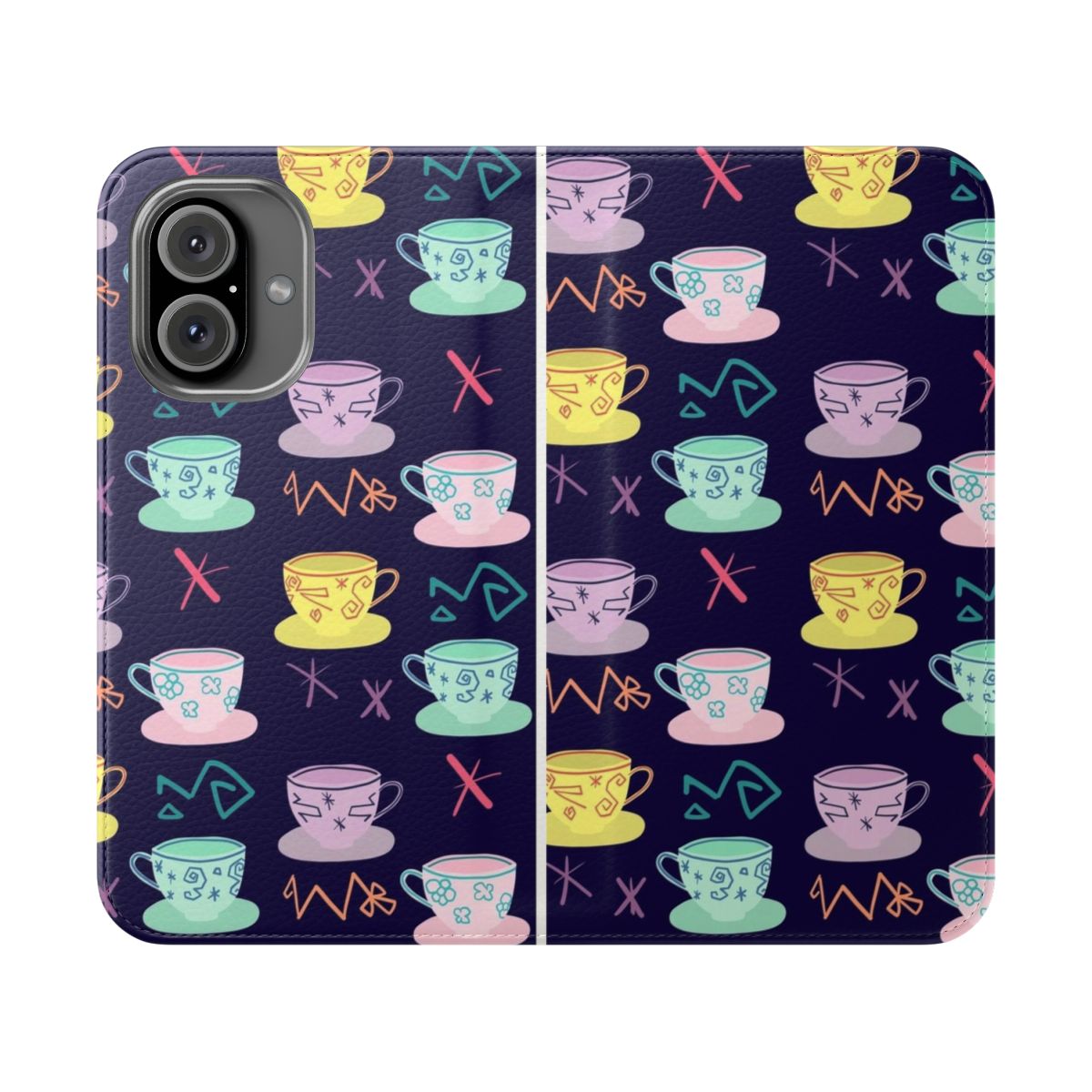 Vibrant flip phone case featuring an Alice in Wonderland-inspired mad tea party design.