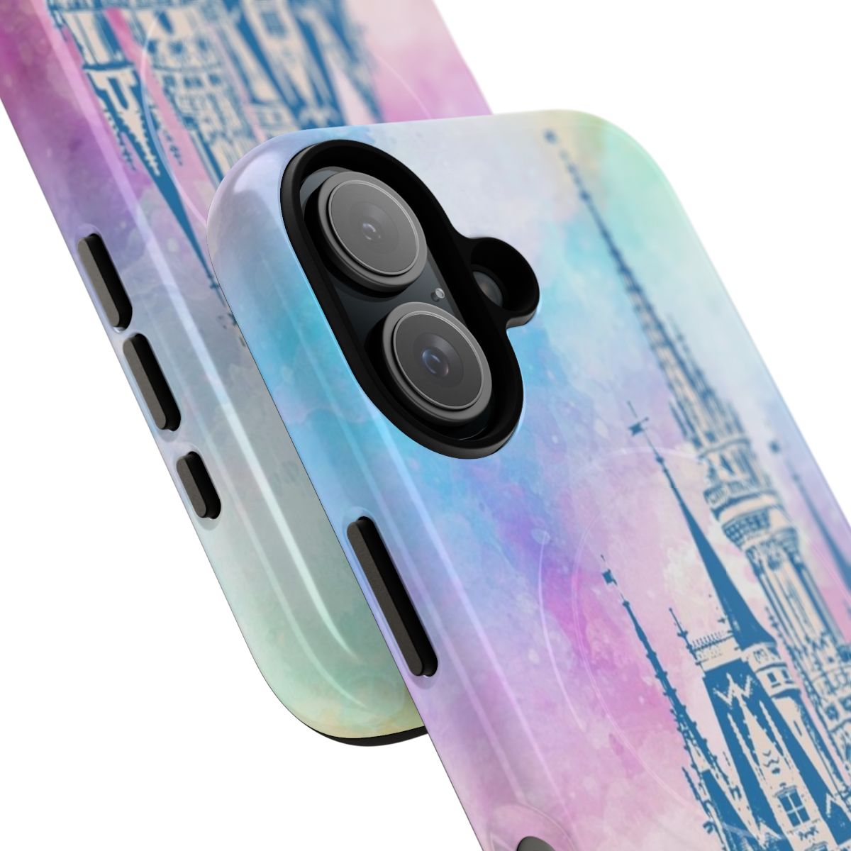 A vibrant and whimsical watercolor phone case featuring a silhouette of a Disney castle. - Detail