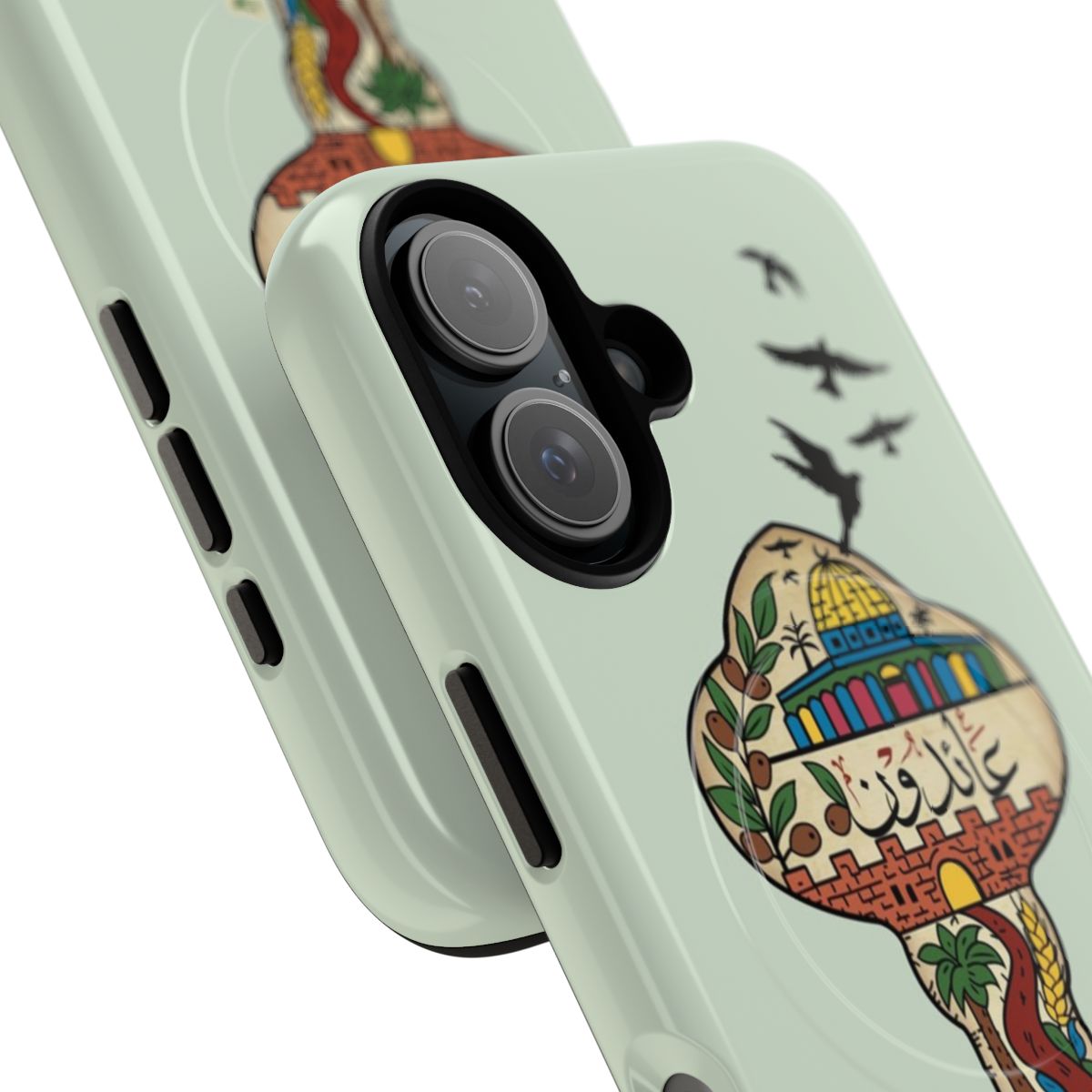 Vibrant phone case design featuring Palestinian symbols and slogans - Detail