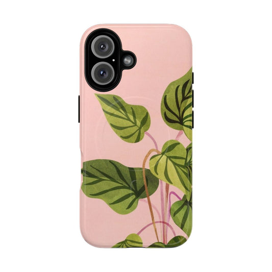 Vibrant tropical plant phone case with monstera and palm leaf art in pink and green colors