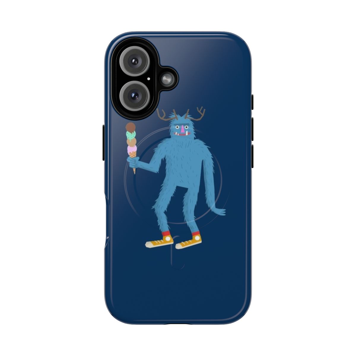 A close-up of a phone case featuring a cartoon-style sasquatch or yeti design.