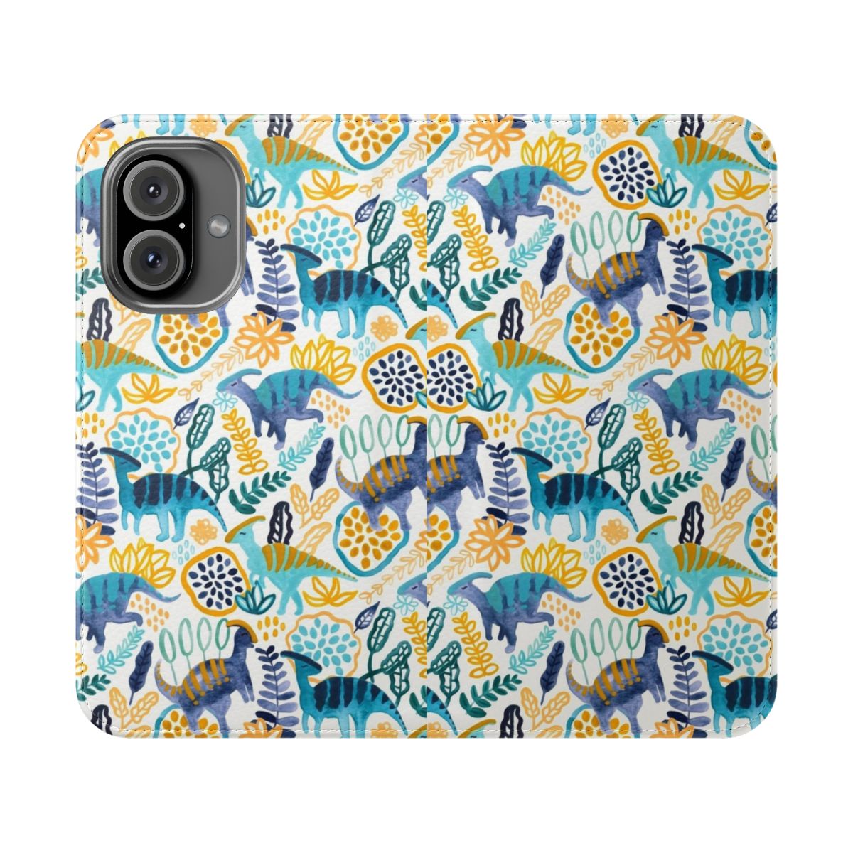 Vibrant watercolor and gouache illustration of a parasaurolophus dinosaur on a flip phone case.