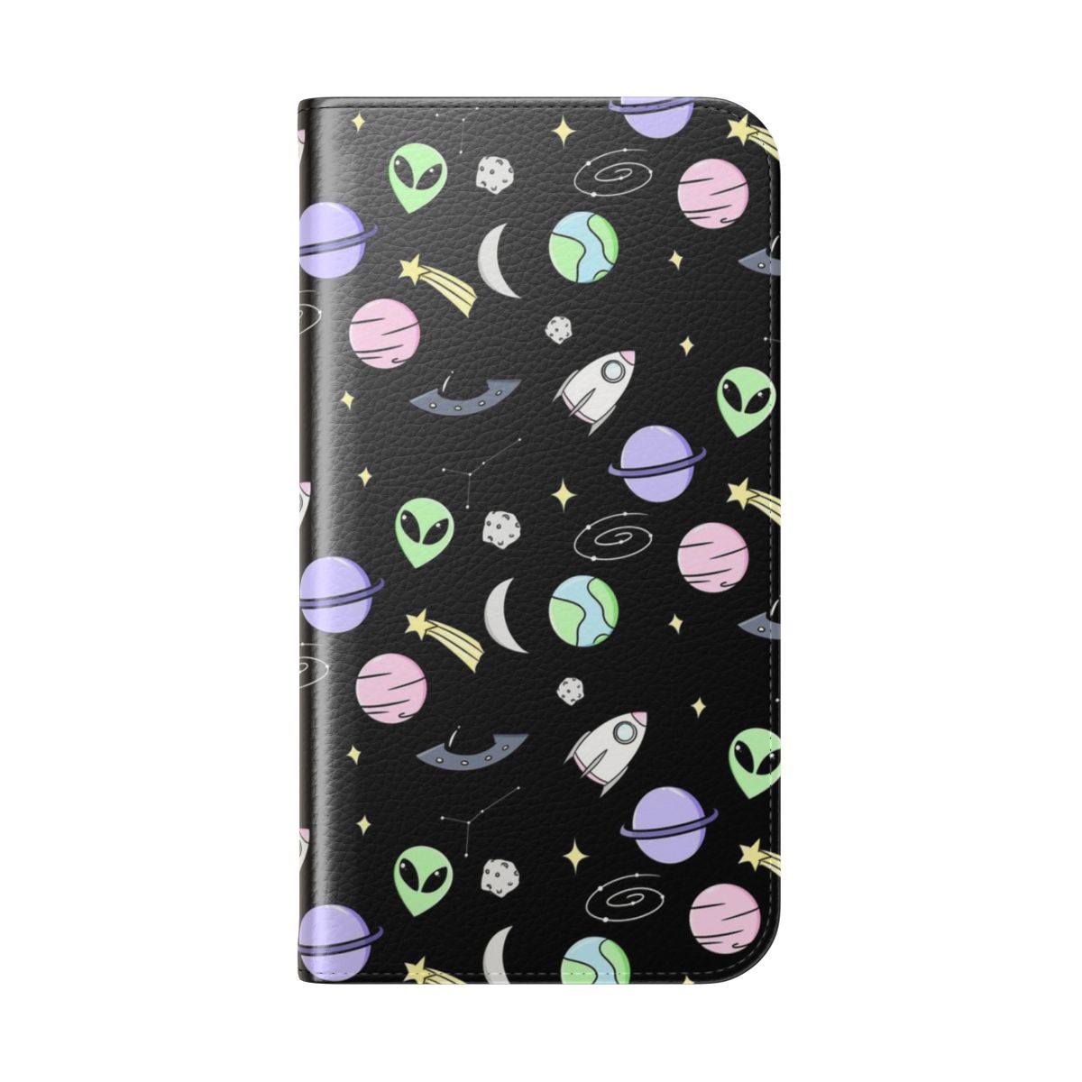 Sleek and stylish flip cover phone case with a space-inspired aesthetic design featuring stars, galaxies, and a cosmic theme. - Folded Back