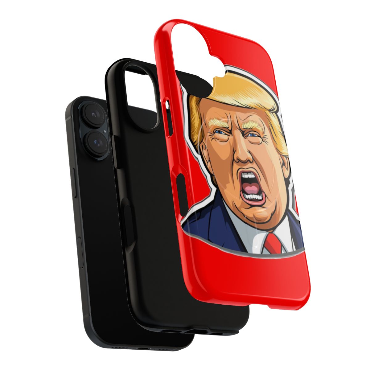 Closeup image of a satirical cartoon caricature of Donald Trump's face on a magnetic phone case. - Layers