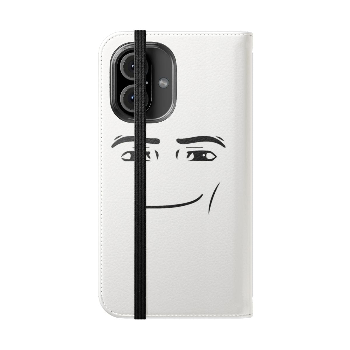 Flip cover phone case featuring a random, meme-inspired face design - Folded Front