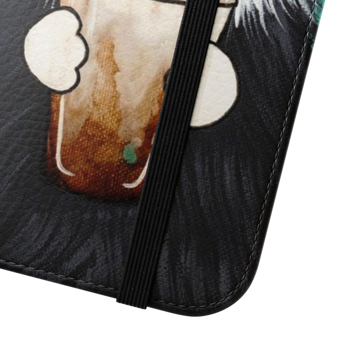 Tuxedo cat sitting on a coffee mug with iced coffee, printed on a flip phone case - Close Up