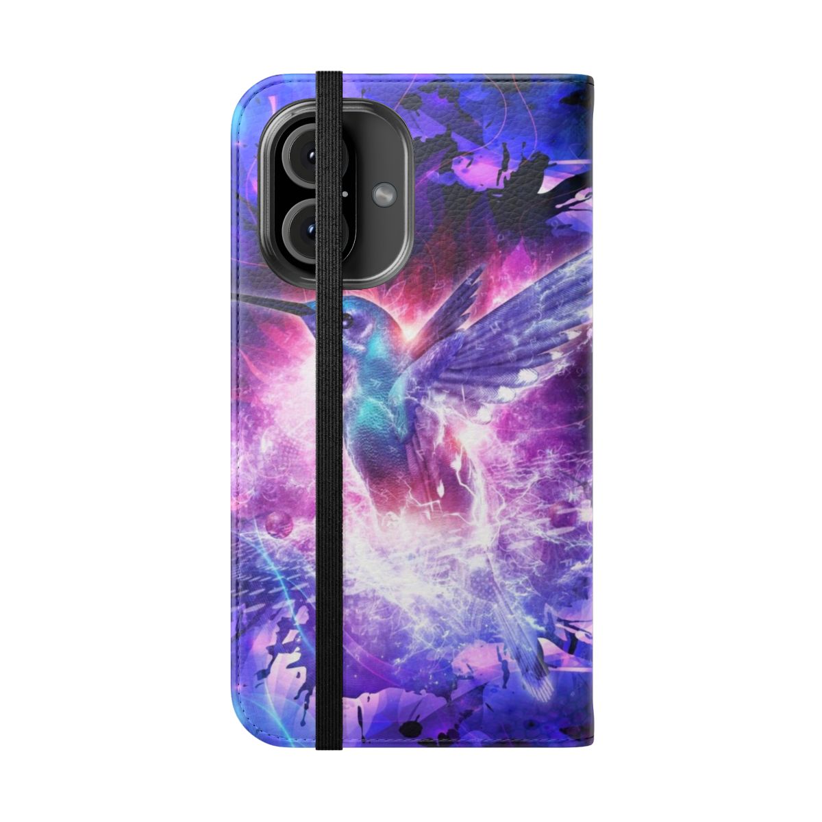 Colorful abstract phone case featuring a vibrant hummingbird design in a cosmic, nature-inspired style. - Folded Front