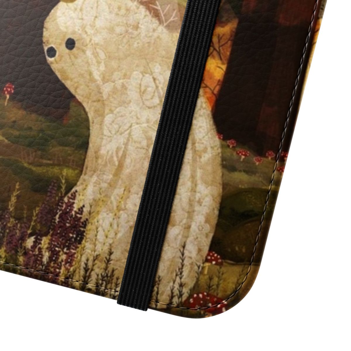 Whimsical phone case featuring a fantasy mushroom king in an enchanted forest - Close Up