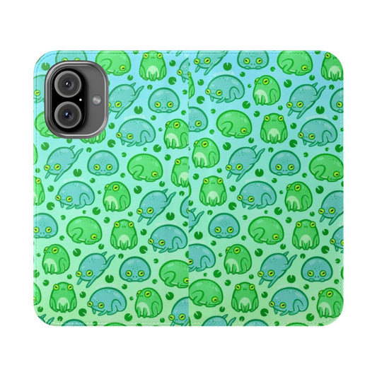 Green frog-themed phone case with a cute, nature-inspired lily pad pattern