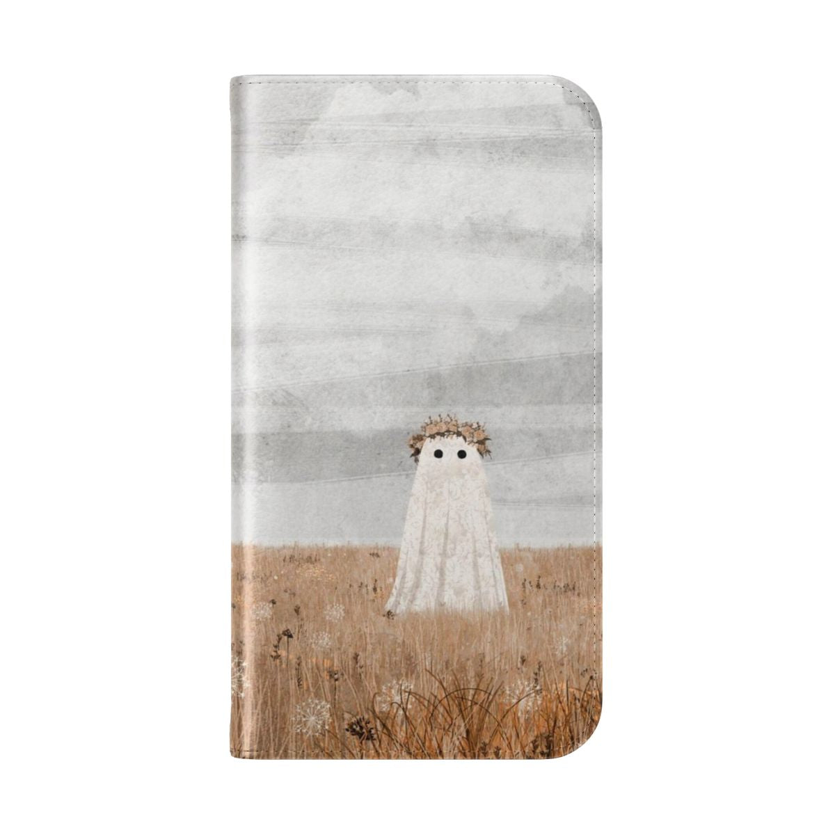 A flip cover phone case featuring a whimsical ghost design surrounded by beautiful wildflowers in a meadow setting. - Folded Back