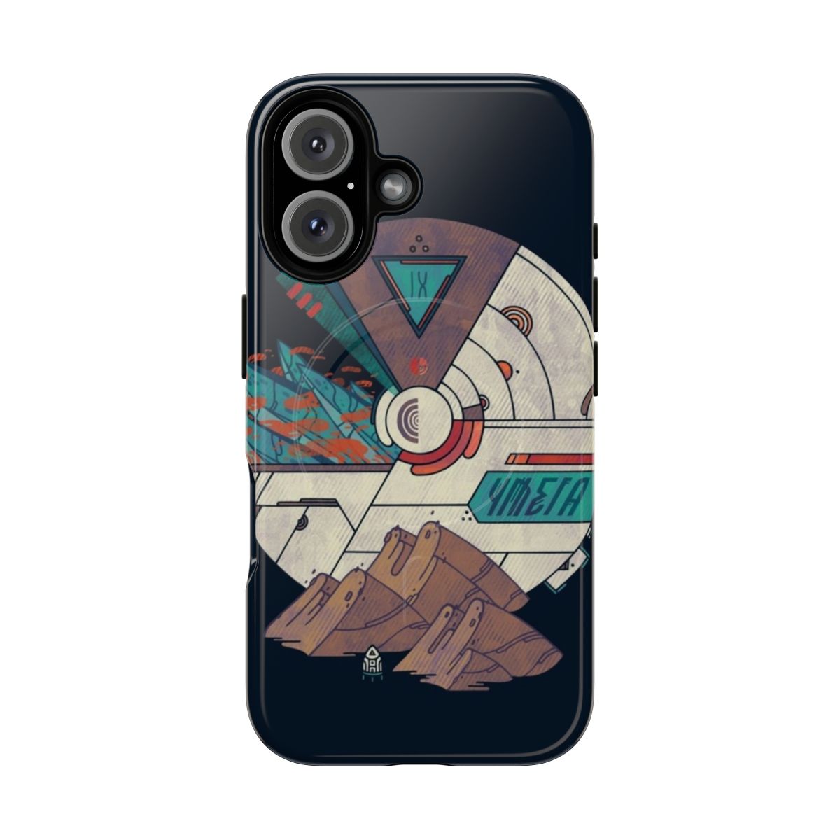 Futuristic phone case with geometric space-themed design