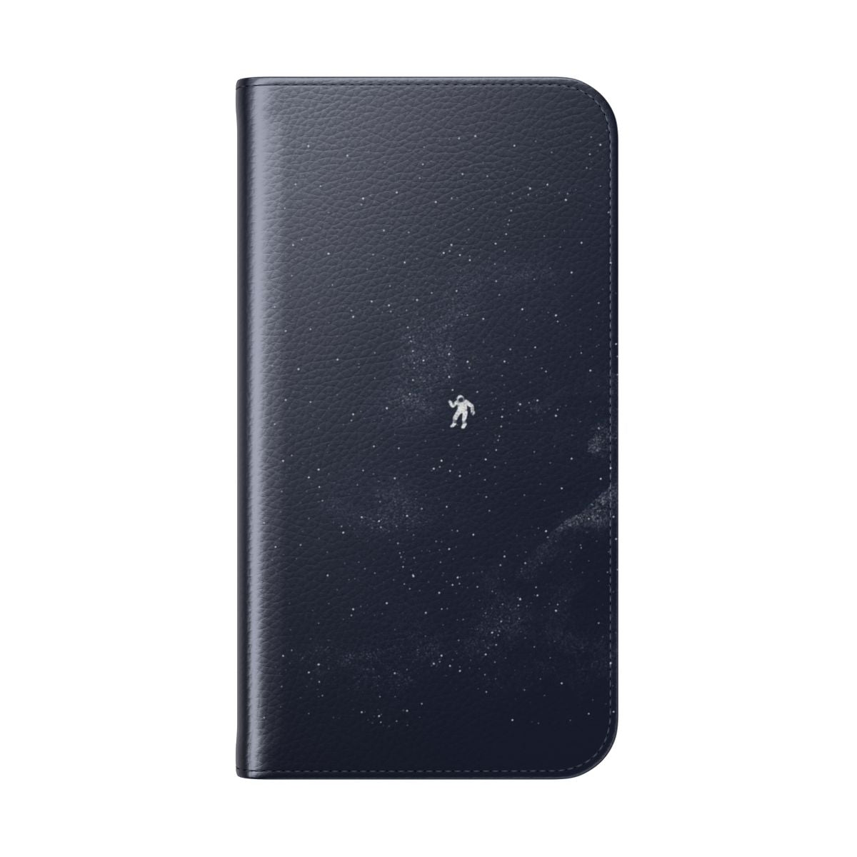 Dark blue flip cover phone case featuring a cosmic galaxy design - Folded Back