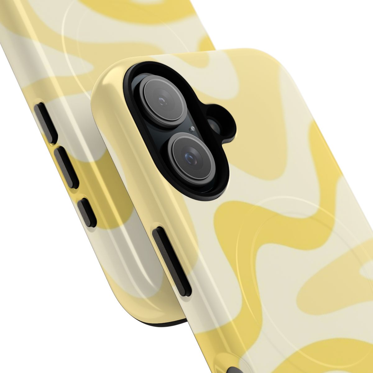 Retro abstract design with trippy liquid swirl pattern in soft pastel yellow on a square magnetic phone case - Detail