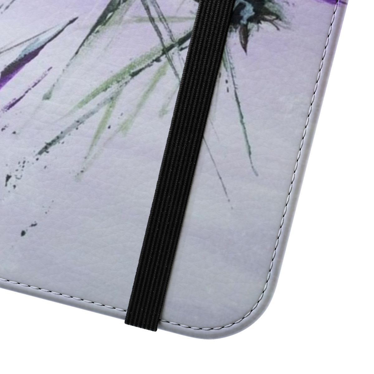 Flip cover phone case featuring a contemporary design of a purple and green Scottish thistle - Close Up