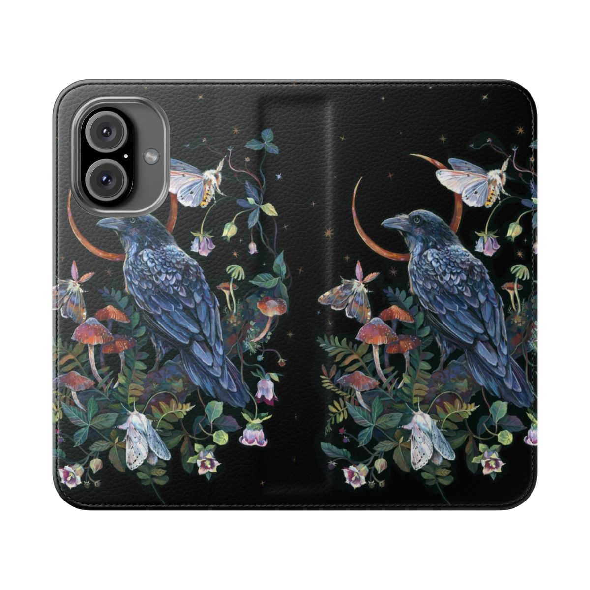 Flip phone case featuring a whimsical moon, raven, and nature-inspired design