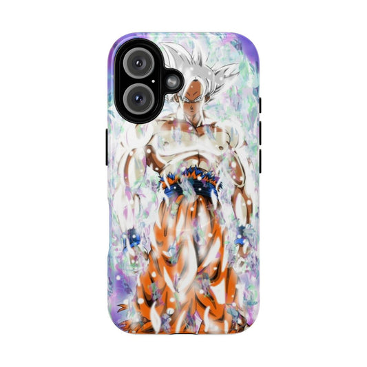 Artistic depiction of Goku in his ultra instinct form on a tough, magnetic phone case