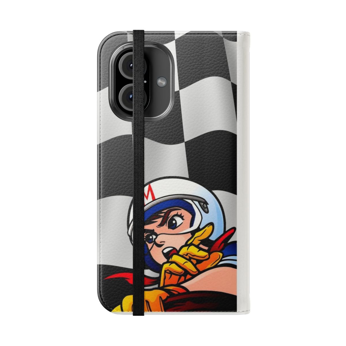 Checkered flag design flip cover phone case with racing car and anime style graphics - Folded Front