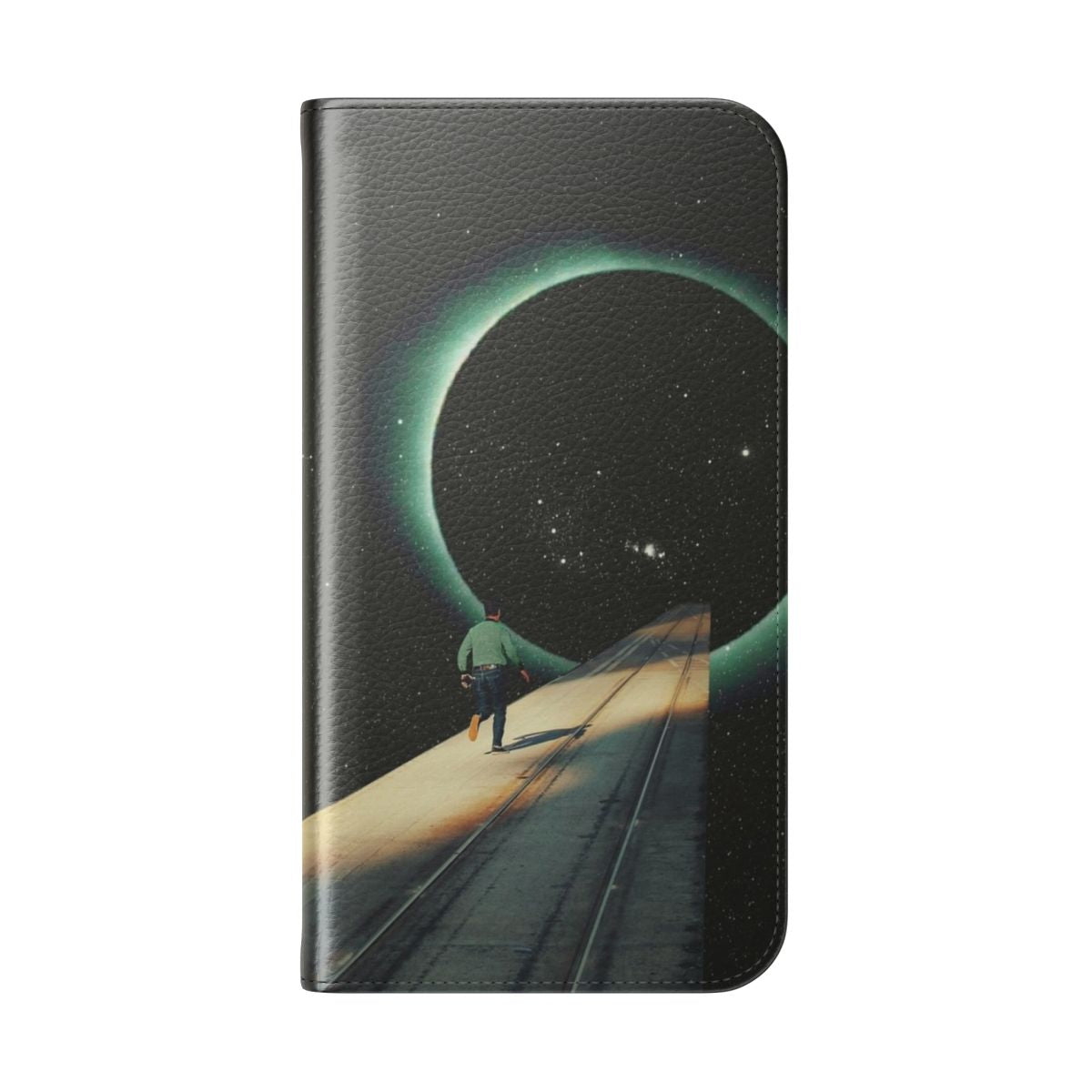 Artistic phone case featuring a surreal, space-themed collage design in a vintage, retrofuture style. - Folded Back