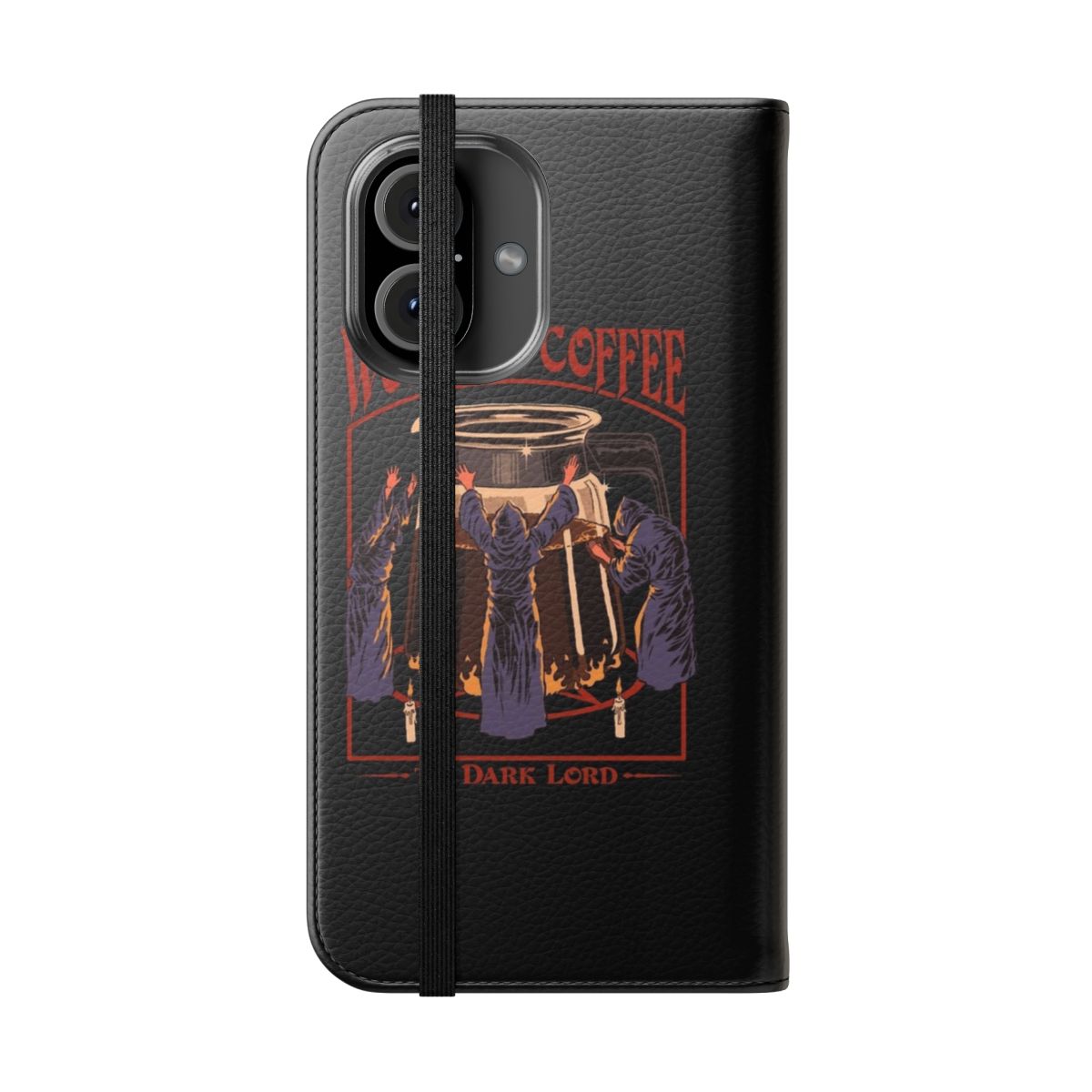 Vintage-style flip cover phone case with a coffee-themed design, featuring a retro, occult-inspired illustration. - Folded Front