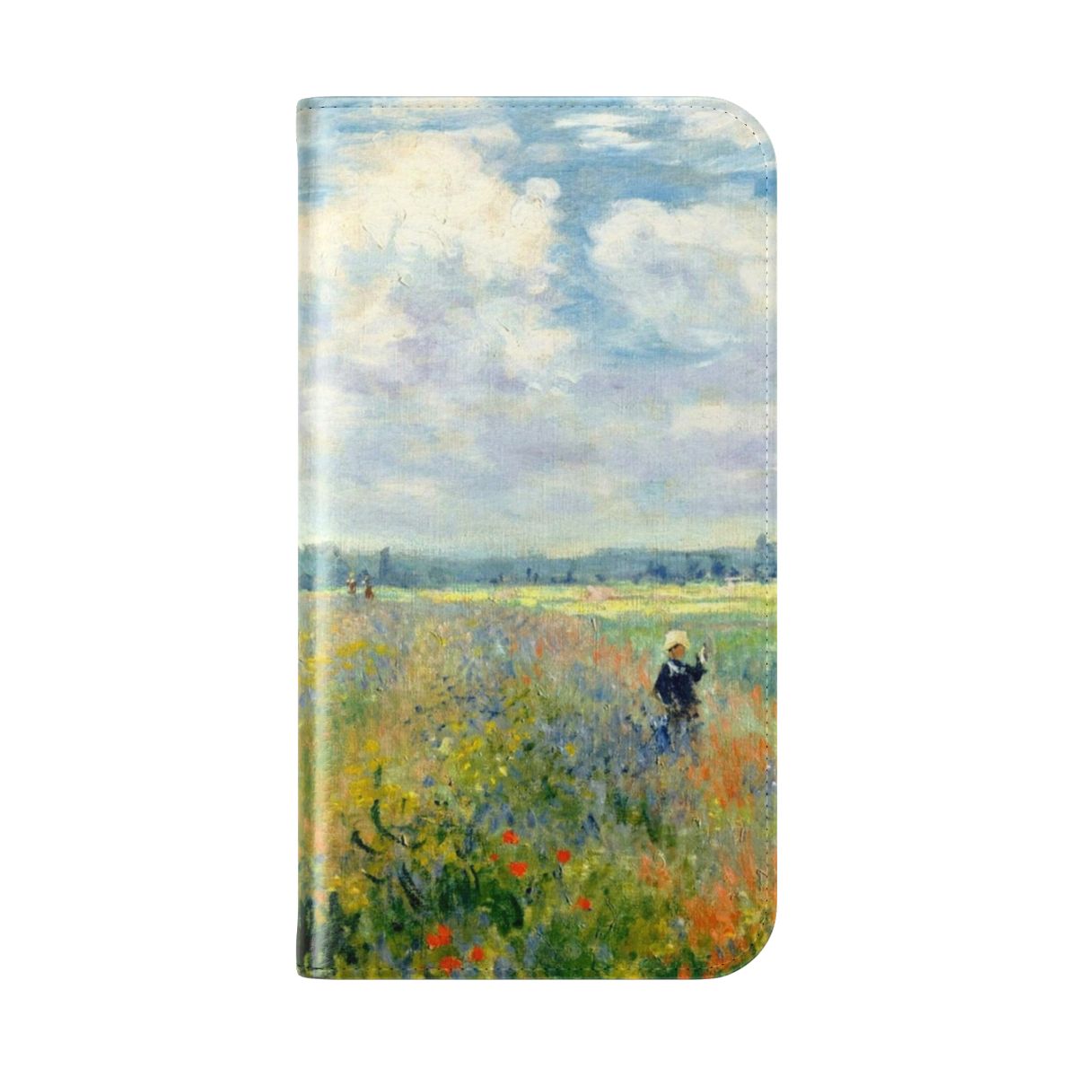 Smartphone case featuring a vibrant poppy field design inspired by the artwork of Claude Monet, the renowned Impressionist painter. - Folded Back