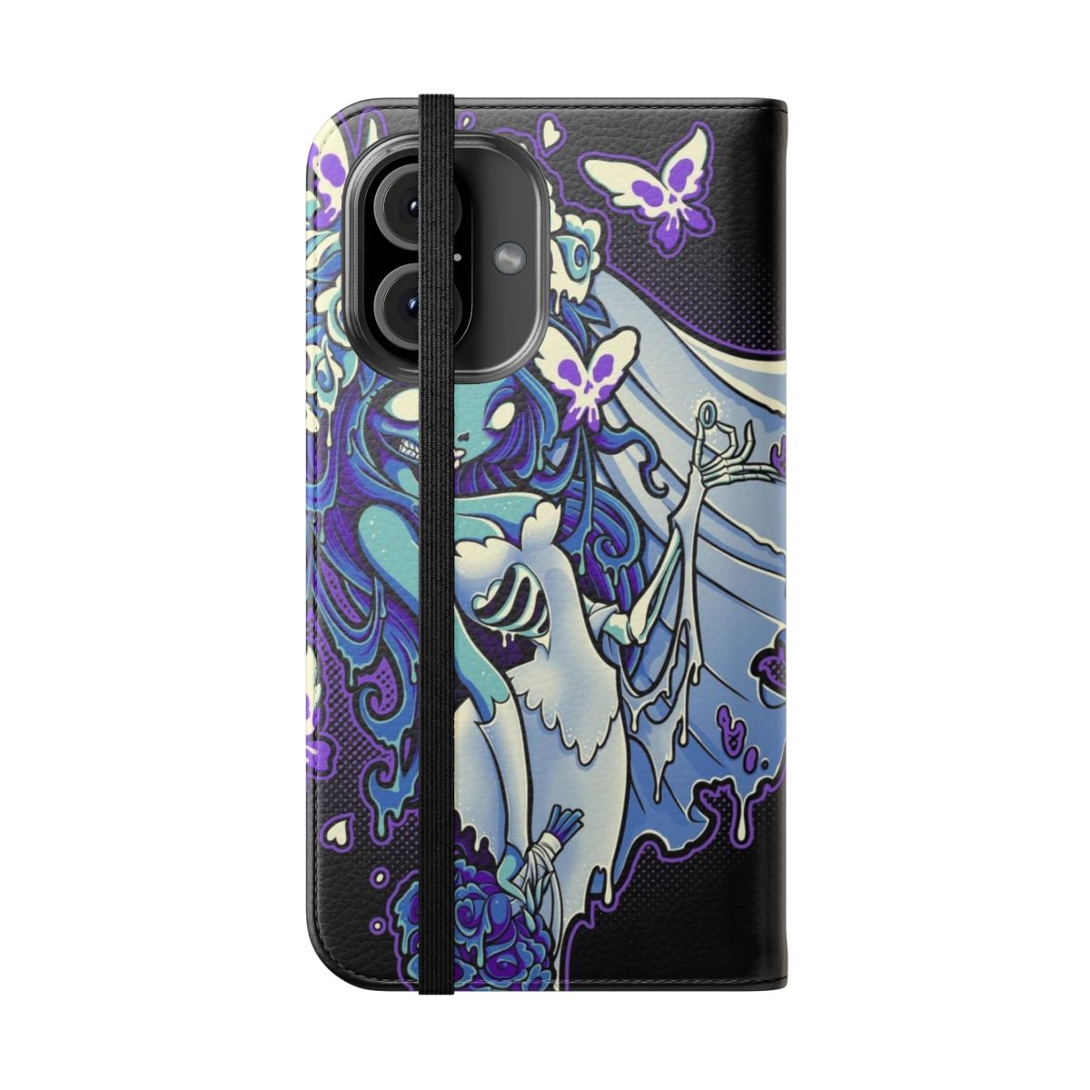 Decaying Dreams Gothic Phone Case featuring a dark skull, butterflies, and dark imagery - Folded Front