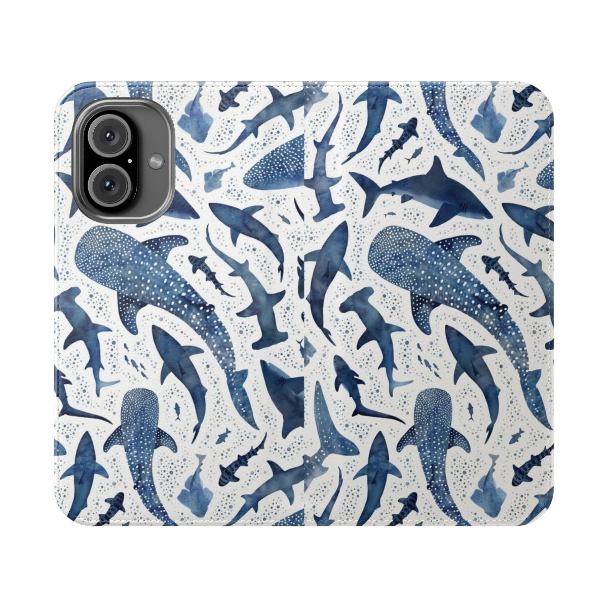 Vibrant blue watercolor painting of a shark swimming in the ocean on a white phone case