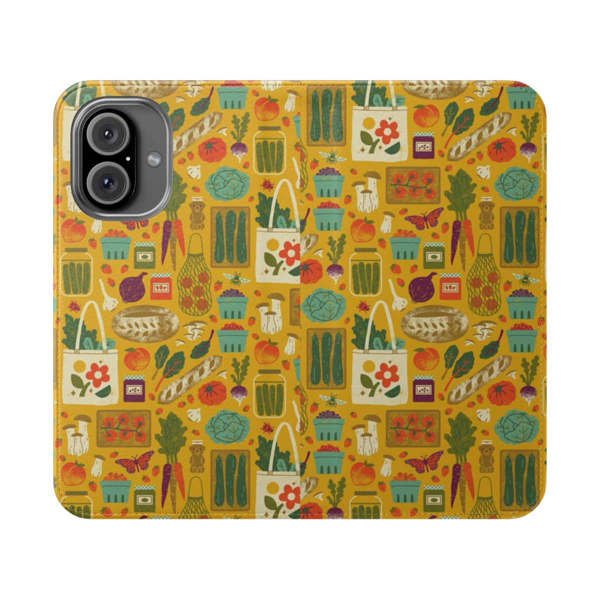 A colorful phone case featuring illustrations of farmers market produce, flowers, and nature elements.