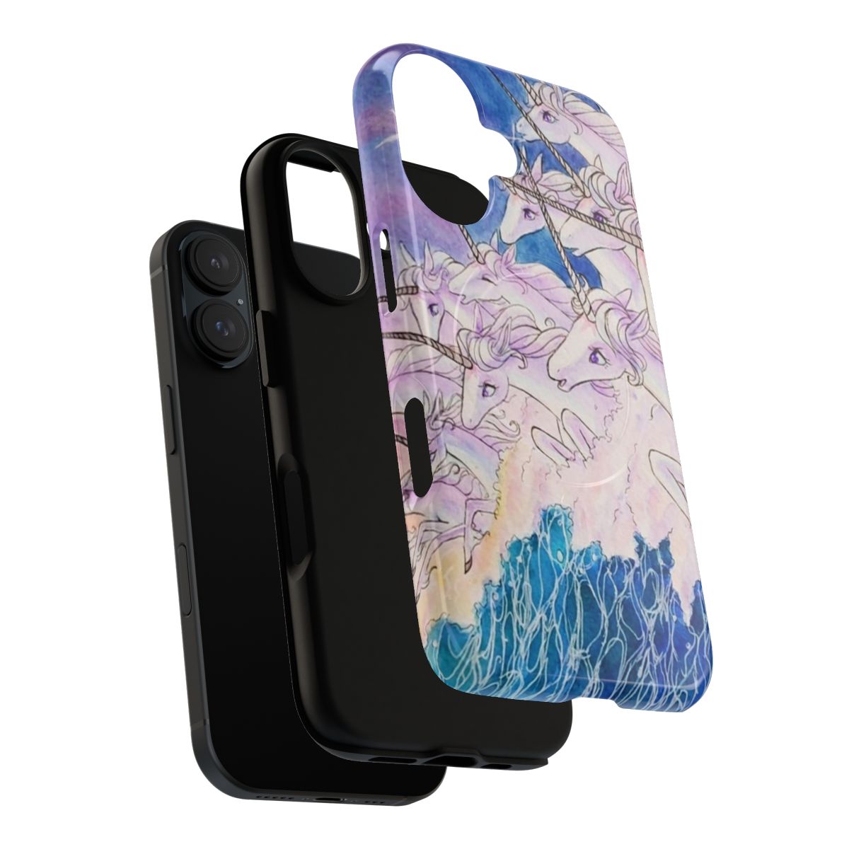 Whimsical illustration of unicorns swimming in the ocean, perfect for a fantasy-inspired phone case - Layers