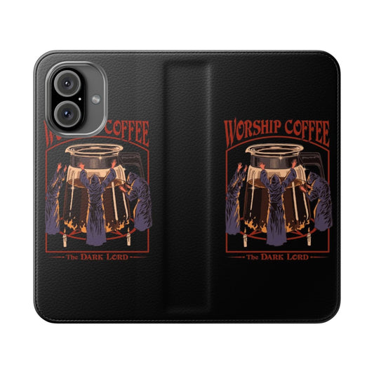 Vintage-style flip cover phone case with a coffee-themed design, featuring a retro, occult-inspired illustration.