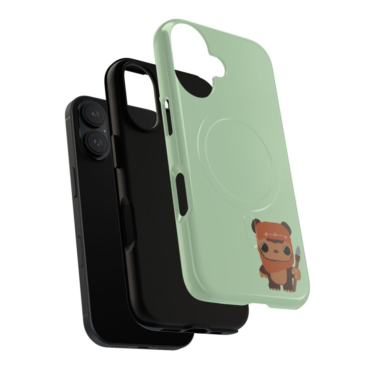 A green protective phone case with an Ewok design, inspired by the Star Wars universe. - Layers